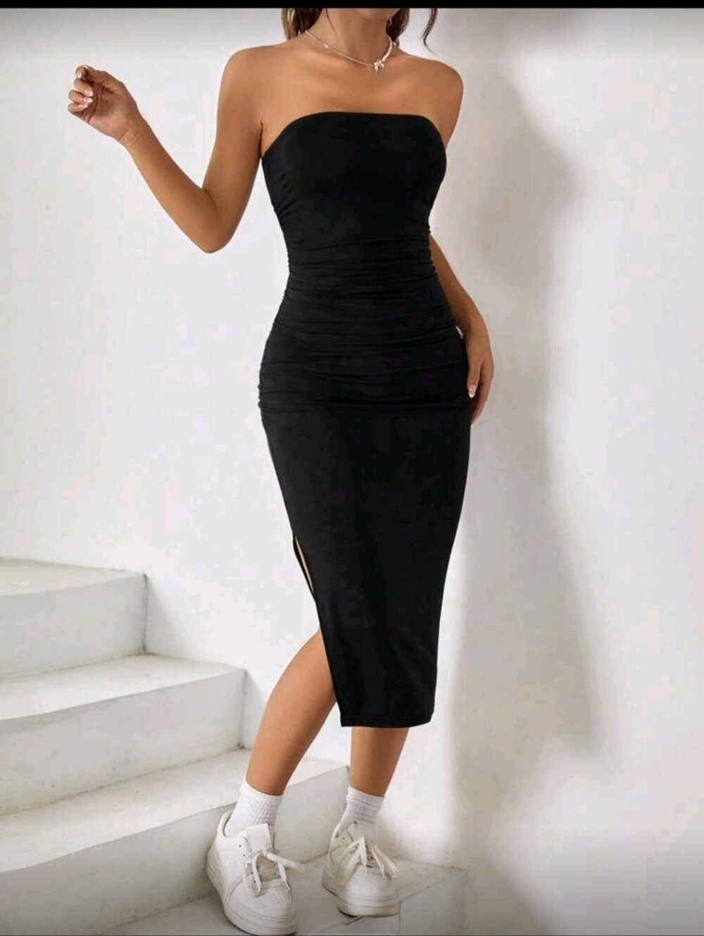 EZwear Plus Size Split Hem Ruched Strapless Tube Dress, 1XL (14), Black